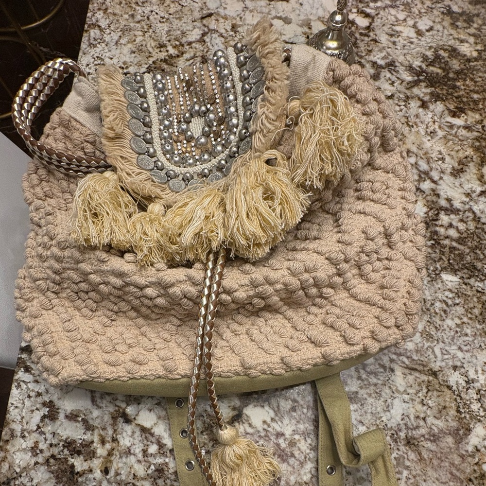 Steve Madden Beige Textured Backpack with Tassels rare and unique